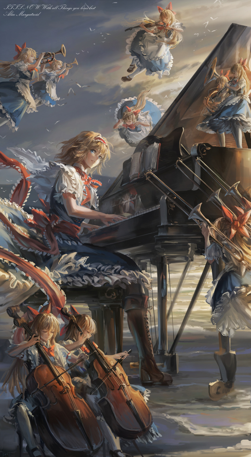 1girl absurdres alice_margatroid apron bangs baton_(instrument) beach bird blonde_hair blue_eyes blue_skirt book boots bow brown_footwear capelet cello clarinet closed_eyes clouds flying frilled_skirt frills grand_piano hair_bow hairband highres instrument long_hair looking_at_viewer miniskirt music outdoors piano playing_instrument playing_piano red_bow red_hairband red_ribbon ribbon shanghai_doll sitting skirt smile solo stu_dts touhou trombone trumpet tuba violin water wind