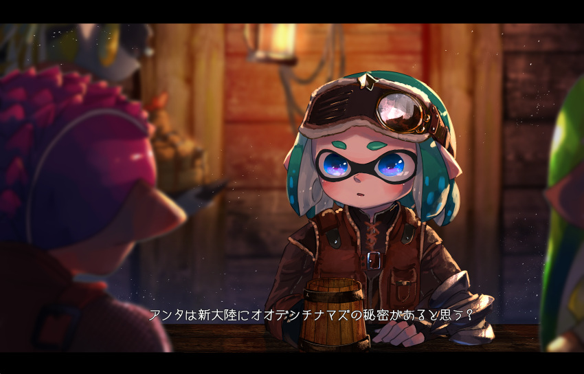 1boy 2girls aqua_hair beer_mug black_gloves blue_eyes blurry blurry_background blurry_foreground breast_pocket brown_shirt brown_vest buckle character_request commentary_request depth_of_field domino_mask fingerless_gloves fur_trim gloves goggles goggles_on_head green_hair highres indoors inkling kashu_(hizake) letterboxed light long_hair long_sleeves looking_at_another mask medium_hair monster_girl monster_hunter monster_hunter:_world multiple_girls parted_lips pink_hair pocket pointy_ears rope shirt short_eyebrows sitting spiky_hair splatoon splatoon_2 table tentacle_hair translation_request vest weapon
