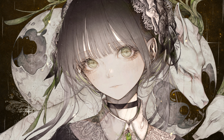 1girl absurdres bangs black_choker choker collared_shirt commentary english_commentary expressionless eyebrows_visible_through_hair green_eyes grey_hair highres hito_komoru light_blush looking_at_viewer original parted_lips portrait shirt solo