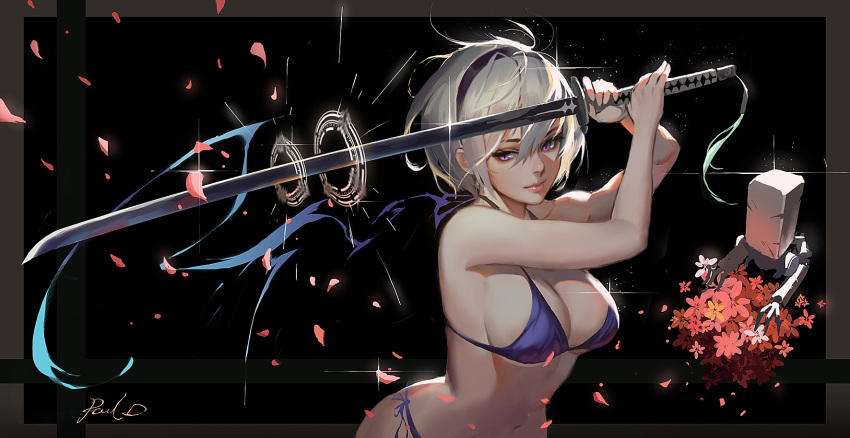 1girl alternate_costume artist_name bare_arms bare_shoulders bikini black_hairband blue_bikini bouquet breasts cleavage closed_mouth collarbone drone fingernails floating flower hair_between_eyes hairband hands_up highres holding holding_flower holding_sword holding_weapon katana large_breasts light_smile lips long_fingernails looking_at_viewer machinery magic_circle midriff navel nier_(series) nier_automata no_blindfold no_mole pauld petals pink_flower pod_(nier_automata) revision robot short_hair side-tie_bikini signature silver_hair slit_pupils stomach swimsuit sword tassel under_boob weapon yorha_no._2_type_b
