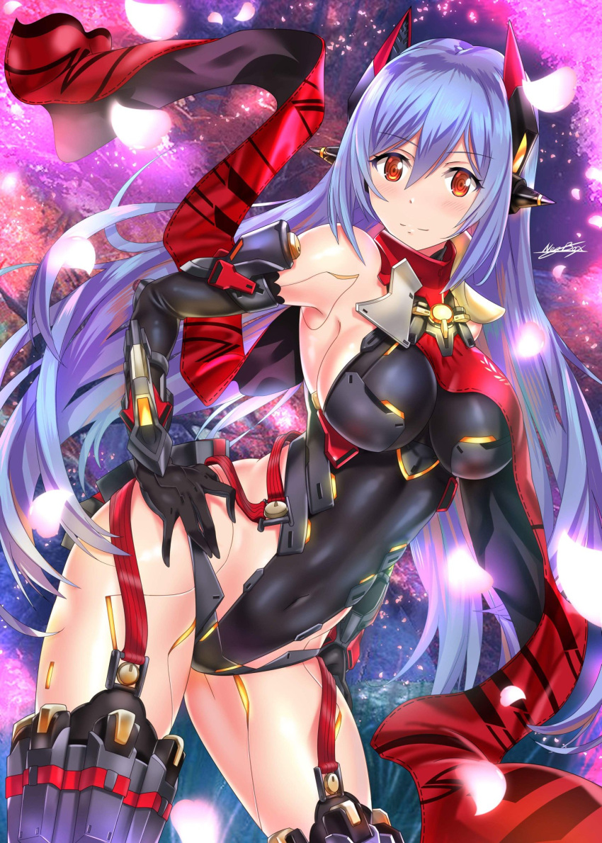 1girl breasts covered_navel garter_straps gloves hana_(xenoblade) hana_jd highleg highleg_leotard highres leotard long_hair medium_breasts orange_eyes purple_hair robot_joints scarf smile solo spoilers thigh-highs thigh_gap xenoblade xenoblade_2 yellow_eyes