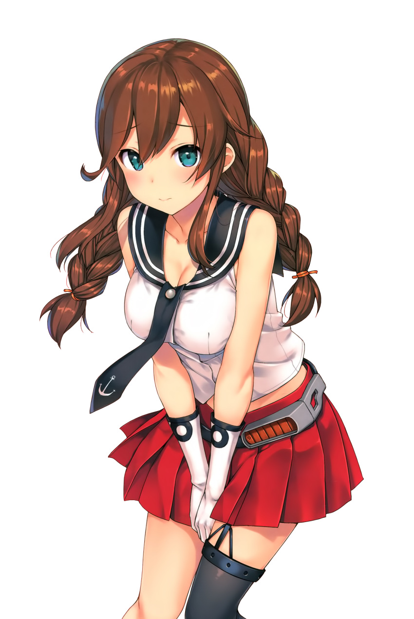 1girl anchor_symbol belt braid breasts brown_hair closed_mouth collarbone detexted ears_visible_through_hair eyebrows_visible_through_hair gloves green_eyes hair_between_eyes hair_tie highres kantai_collection large_breasts long_hair looking_at_viewer noshiro_(kantai_collection) pleated_skirt red_skirt school_uniform skirt solo takayaki thigh-highs twintails white_background white_gloves