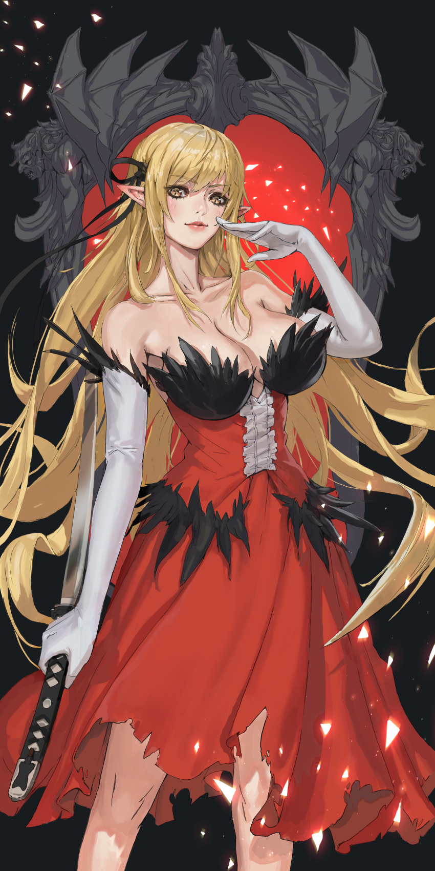 1girl absurdres bare_shoulders black_ribbon blonde_hair breasts cleavage dress elbow_gloves gloves hair_ribbon highres katana kiss-shot_acerola-orion_heart-under-blade kokorowatari large_breasts long_hair monogatari_(series) older oshino_shinobu pointy_ears red_dress ribbon shaonav solo strapless strapless_dress sword vampire very_long_hair weapon white_sleeves yellow_eyes