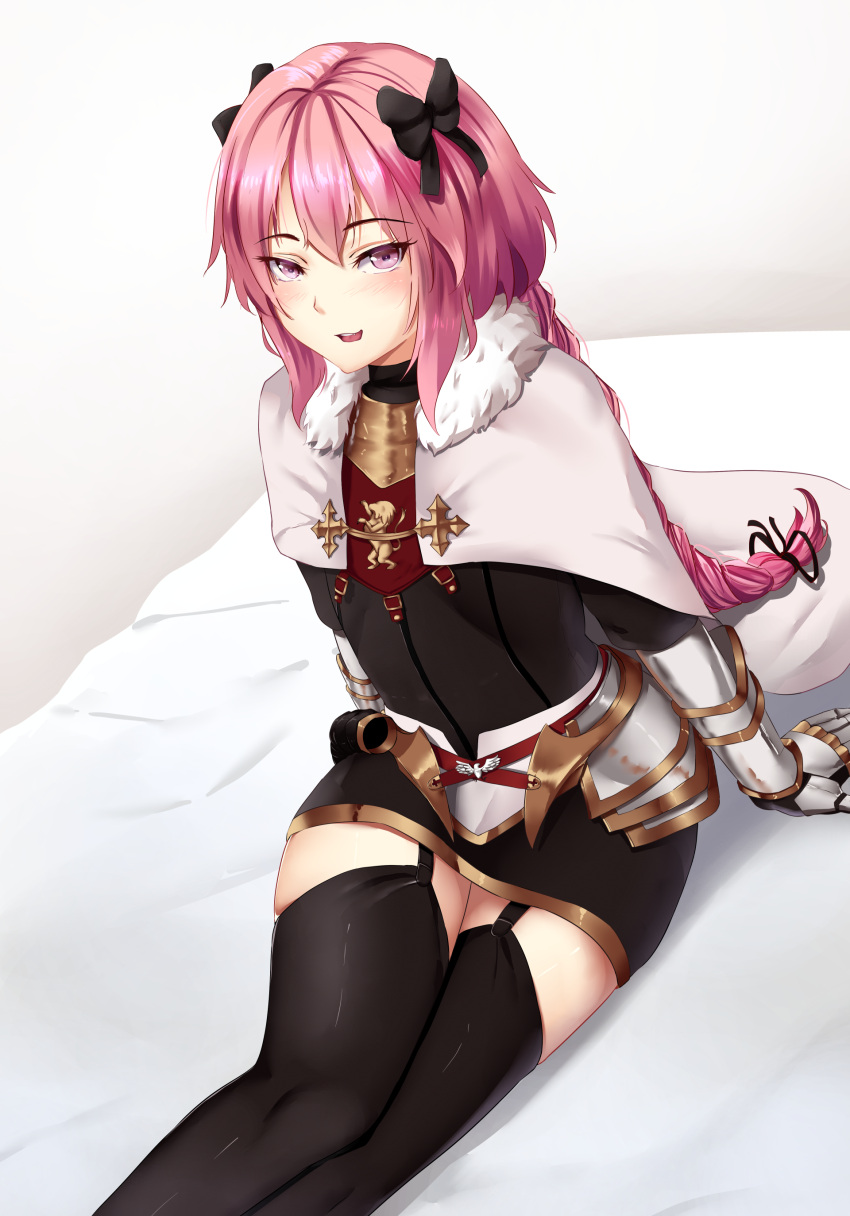 1boy absurdres arm_support astolfo_(fate) bed belt black_bow black_legwear black_ribbon black_shirt black_skirt blush bow braid cape coat_of_arms eyebrows_visible_through_hair fate/apocrypha fate_(series) garter_straps gauntlets hair_bow hair_ribbon highres long_braid looking_at_viewer male_focus mengo miniskirt on_bed pencil_skirt pink_hair ribbon shirt single_braid sitting skirt thigh-highs thighs trap violet_eyes zettai_ryouiki