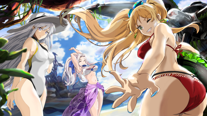 absurdres alternate_costume ass azur_lane bangs bare_arms bare_legs beach bikini blonde_hair blue_eyes blue_ribbon blue_sky blush breasts cleavage closed_eyes closed_mouth clouds earrings engine enterprise_(azur_lane) eyebrows_visible_through_hair eyewear_on_head floatation_devices floating_hair flower green_eyes hair_between_eyes hair_ribbon hat highres hornet_(azur_lane) jewelry large_breasts leaf long_hair looking_at_viewer mi_mi_ham moss multiple_girls nail_polish navel o-ring one-piece_swimsuit one_eye_closed open_mouth outdoors parted_lips reaching_out ribbon rose sarong ship silver_hair sky smile stomach stretch sun_hat sunglasses swimsuit thighs twintails very_long_hair violet_eyes watercraft yorktown_(azur_lane)