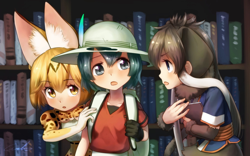 3girls animal_ears backpack bag black_eyes black_gloves blonde_hair blue_eyes book bookshelf bow bowtie brown_hair bucket_hat commentary_request elbow_gloves eyebrows_visible_through_hair fur_collar gloves green_hair hat hat_feather highres holding holding_book kaban_(kemono_friends) kemono_friends long_hair looking_at_another mammoth_(kemono_friends) multiple_girls open_mouth print_gloves print_neckwear profile red_shirt serval_(kemono_friends) serval_ears serval_print shirt short_hair signature welt_(kinsei_koutenkyoku) yellow_eyes