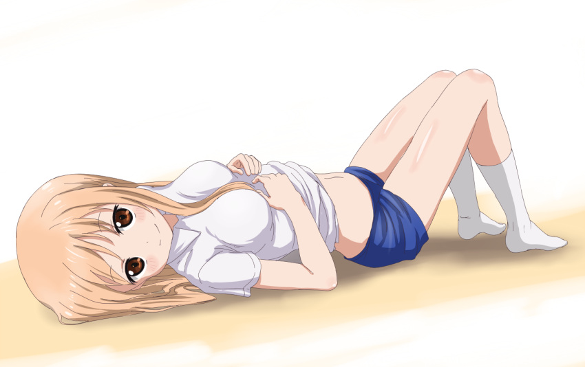 1girl blue_shorts breasts brown_eyes brown_hair doma_umaru gym_uniform hands_on_own_chest himouto!_umaru-chan kneehighs legs_up long_hair looking_at_viewer lying navel on_back shirt shirt_lift short_shorts shorts simple_background smile solo trg-_(sain) white_background white_legwear white_shirt