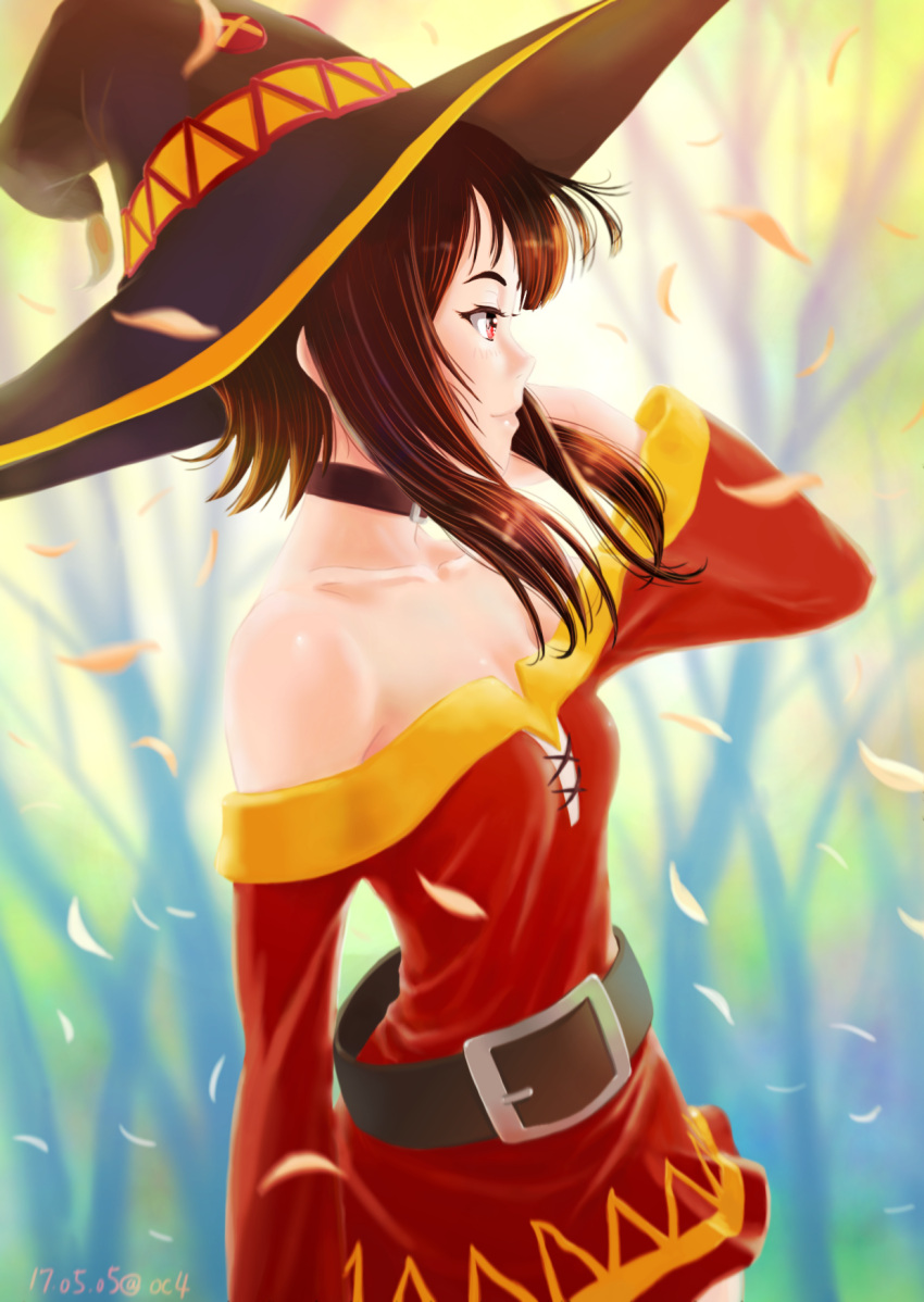 bangs bare_shoulders belt button_eyes collar collarbone dated dress from_side hat highres kono_subarashii_sekai_ni_shukufuku_wo! long_sleeves loose_belt megumin off-shoulder_dress off_shoulder oshiyon petals red_dress red_eyes short_hair_with_long_locks smile strapless strapless_dress tunic wind witch_hat