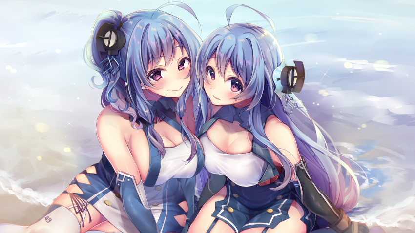 2girls absurdres ahoge azur_lane bare_shoulders beach black_gloves blue_hair breasts cleavage closed_mouth elbow_gloves eyebrows_visible_through_hair garter_straps gloves headgear helena_(azur_lane) highres irone_(miyamiya38) large_breasts long_hair looking_at_viewer multiple_girls sitting st._louis_(azur_lane) thigh-highs violet_eyes water