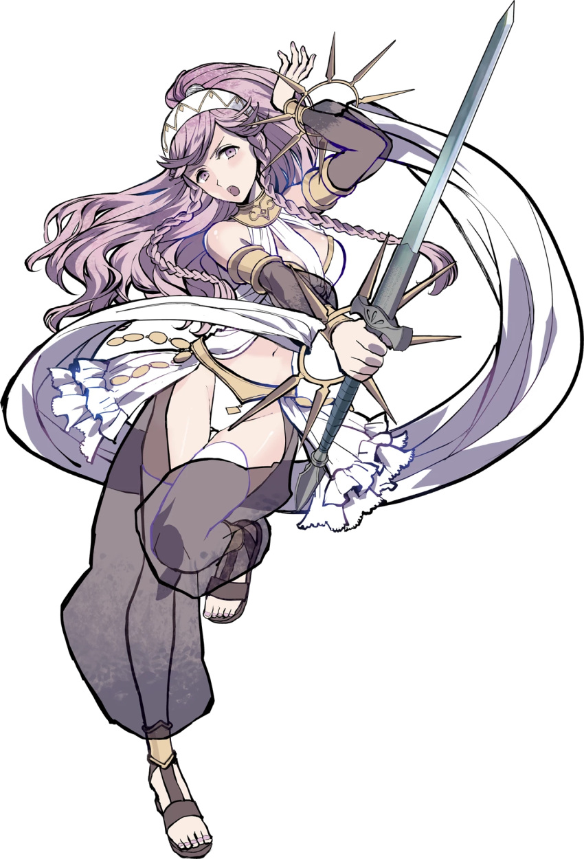 1girl akira_(kaned_fools) bare_shoulders braid breasts fire_emblem fire_emblem:_kakusei fire_emblem_heroes full_body gloves hairband highres jewelry long_hair navel official_art olivia_(fire_emblem) open_mouth pink_hair ponytail solo sword twin_braids weapon