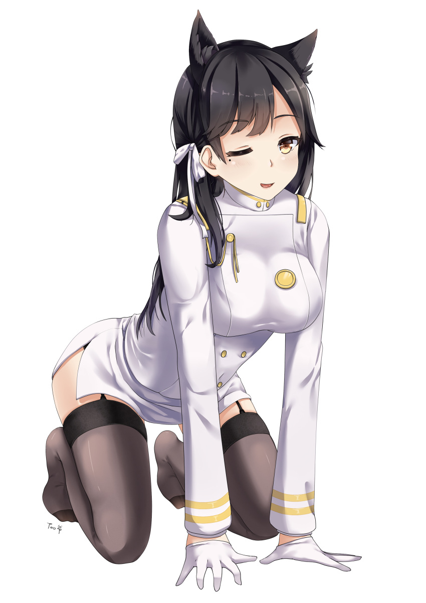 1girl absurdres all_fours animal_ears artist_name atago_(azur_lane) azur_lane black_hair black_legwear breasts garter_straps highres looking_at_viewer mole mole_under_eye one_eye_closed smile thigh-highs thighs too-ye white_uniform yellow_eyes