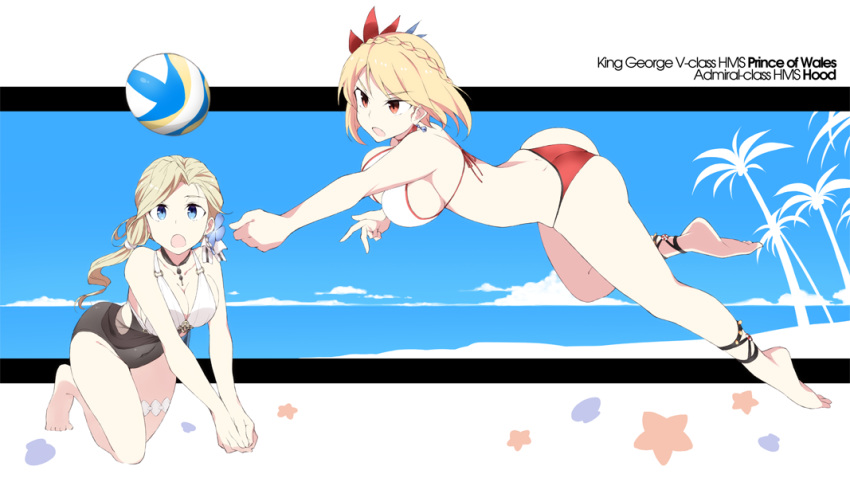 2girls ass azur_lane ball bikini blonde_hair braid breasts character_name cleavage covered_navel dimples_of_venus french_braid hood_(azur_lane) jewelry large_breasts long_hair multicolored multicolored_bikini multicolored_clothes multicolored_swimsuit multiple_girls one-piece_swimsuit prince_of_wales_(azur_lane) seashell shell short_hair sideboob single_braid single_earring single_hair_intake souji star swimsuit text