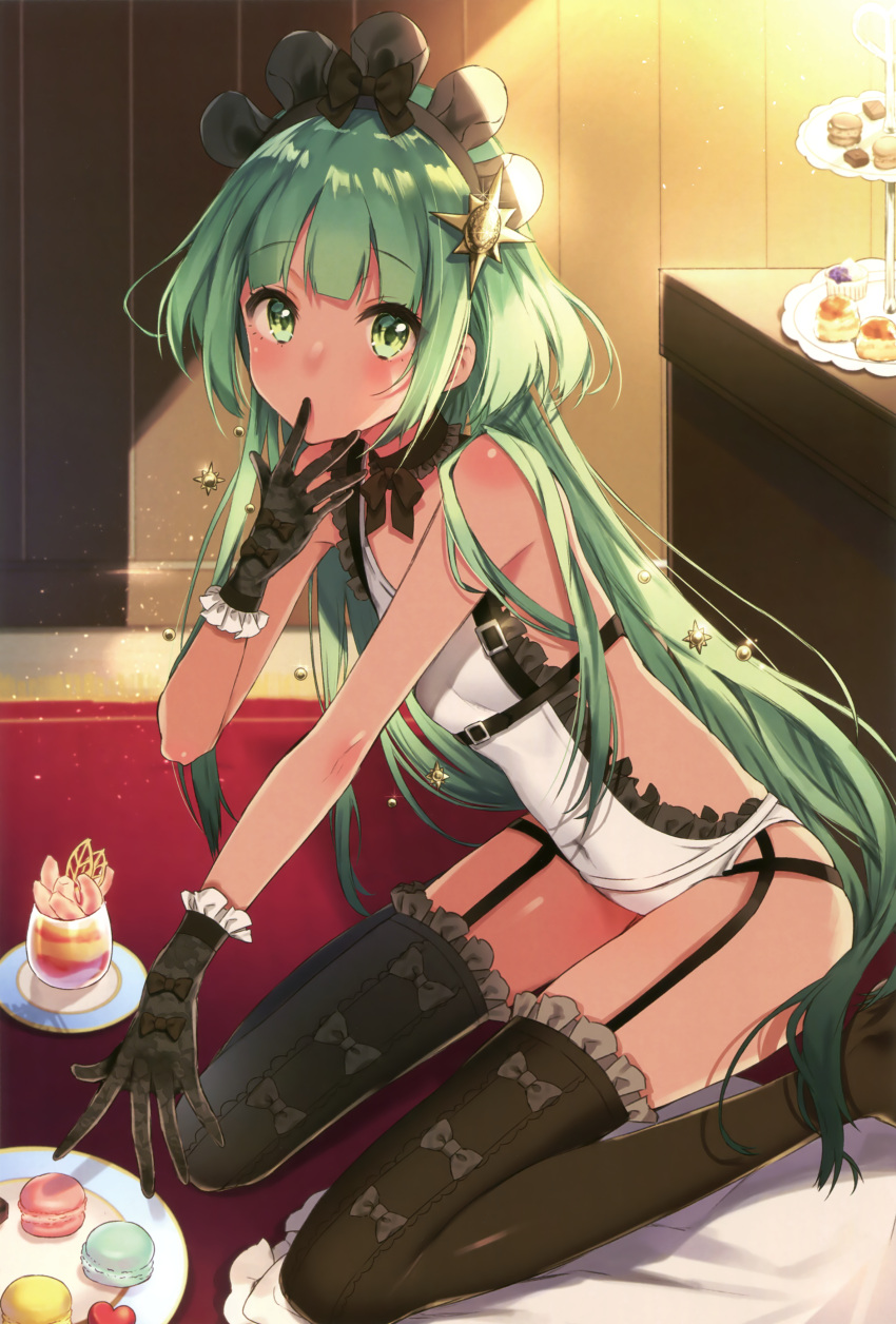 1girl absurdres black_bow black_gloves black_legwear black_panties blush bow breasts choker covered_navel eyebrows_visible_through_hair finger_to_mouth food garter_straps gloves green_eyes green_hair grey_hairband hair_bow hair_ornament harunoibuki highres indoors kneeling leotard long_hair looking_at_viewer original panties small_breasts solo thigh-highs underwear very_long_hair white_leotard