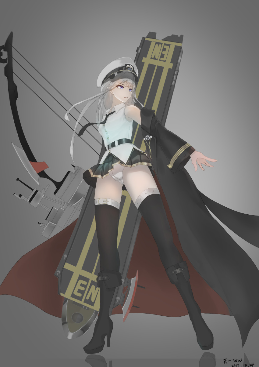 1girl absurdres aiguillette azur_lane bangs belt black_legwear boots bow_(weapon) breasts buckle buttons closed_mouth dated enterprise_(azur_lane) expressionless eyebrows_visible_through_hair facing_away grey_background hair_between_eyes hat high_heel_boots high_heels highres holding holding_bow_(weapon) holding_weapon large_breasts long_hair looking_at_viewer looking_to_the_side machinery miniskirt necktie outstretched_arm panties pantyshot pantyshot_(standing) peaked_cap pleated_skirt reflection rigging serious shirt signature silver_hair skirt sleeve_cuffs sleeveless sleeveless_shirt solo standing thigh-highs underwear very_long_hair violet_eyes weapon white_panties white_shirt yian_yi_ww
