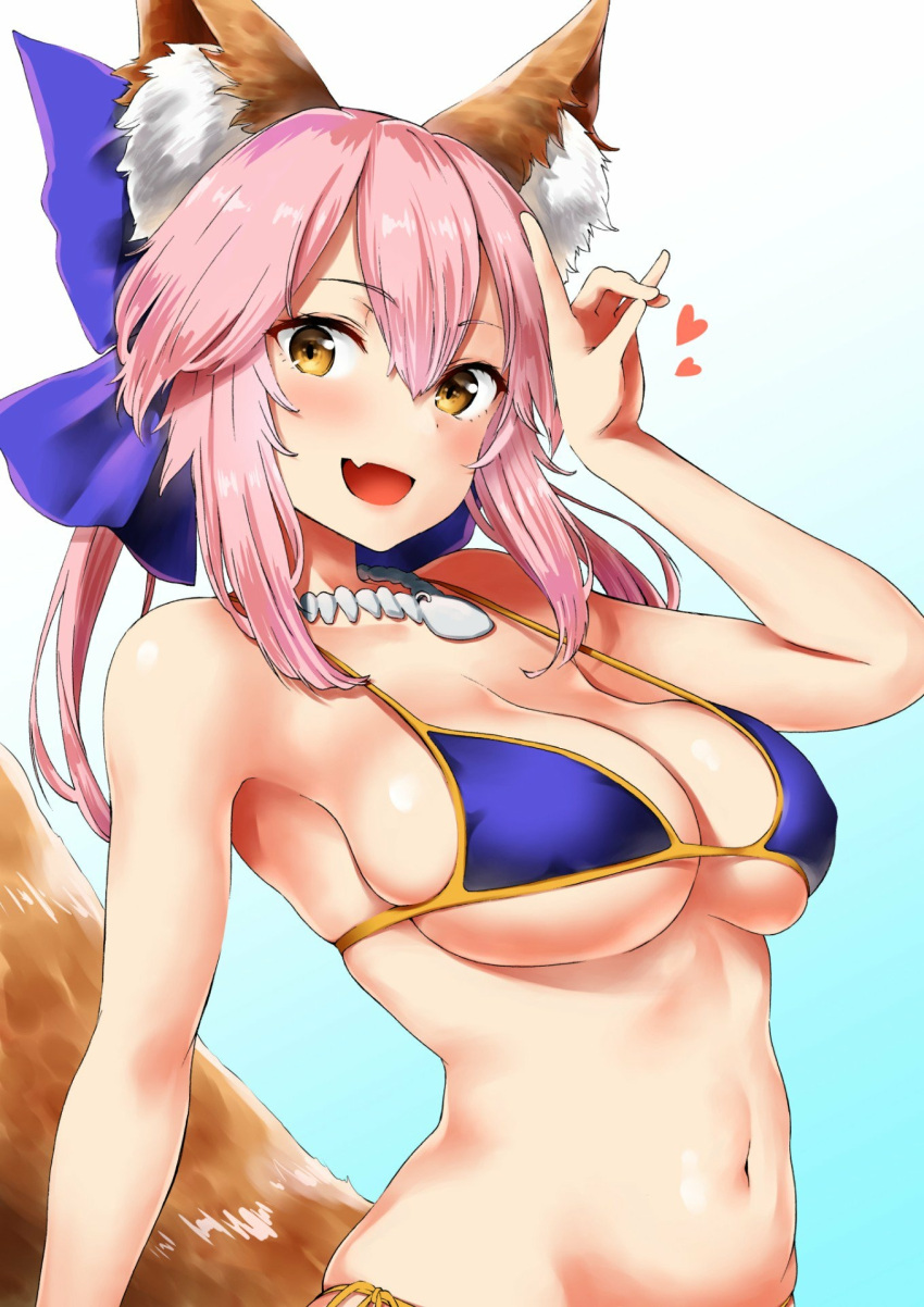1girl :d \m/ animal_ears arm_at_side bangs bare_arms bare_shoulders bikini blue_bikini blue_bikini_top blue_bow blush bow bracelet breasts cleavage collarbone eyebrows_visible_through_hair fang fate/grand_order fate_(series) fox_ears fox_tail gradient gradient_background groin hair_between_eyes hair_bow hair_ornament halter_top halterneck hand_up heart highres izure_(pixiv16392012) jewelry large_breasts long_hair looking_at_viewer navel necklace open_mouth pink_hair shiny shiny_skin side-tie_bikini sidelocks skindentation smile solo standing stomach strap_gap swimsuit tail tamamo_(fate)_(all) tamamo_no_mae_(swimsuit_lancer)_(fate) under_boob yellow_eyes