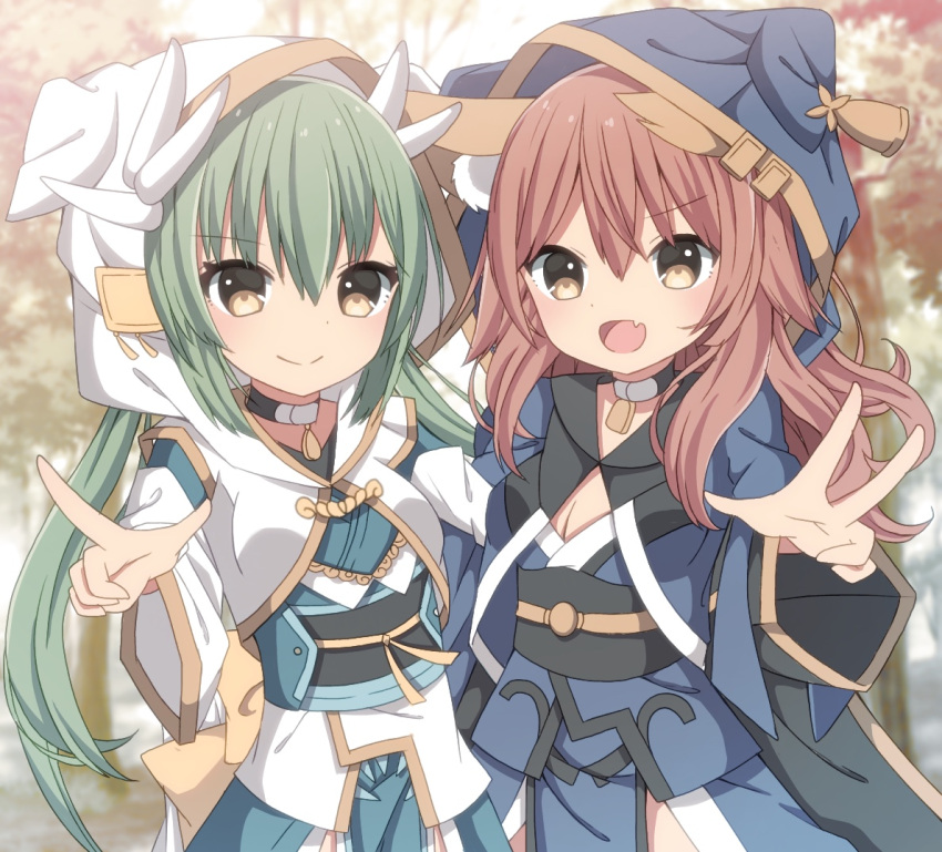 2girls :d animal_ears animal_hood bangs black_choker blue_kimono blurry blurry_background blush breasts brown_eyes brown_hair choker cleavage closed_mouth commentary_request day depth_of_field dragon_horns eyebrows_visible_through_hair fang fate/extra fate/grand_order fate_(series) fox_ears green_hair hair_between_eyes hood hood_up horns index_finger_raised japanese_clothes kimono kiyohime_(fate/grand_order) long_hair long_sleeves looking_at_viewer low_twintails medium_breasts multiple_girls obi open_mouth outdoors outstretched_arm pelvic_curtain sapphire_(sapphire25252) sash short_kimono sidelocks smile tamamo_(fate)_(all) tamamo_no_mae_(fate) tree twintails v very_long_hair white_kimono wide_sleeves