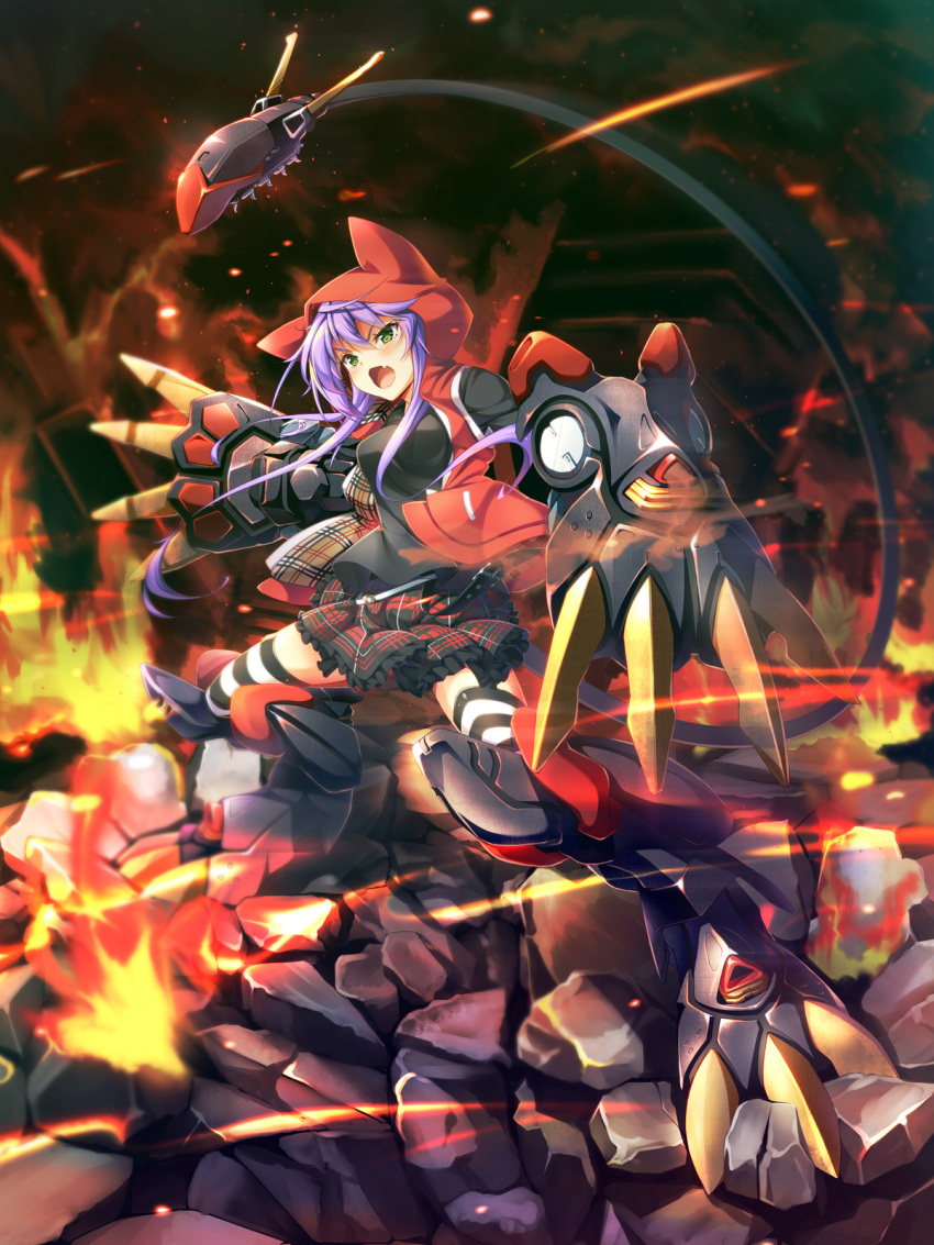 1girl animal_hood black_belt black_shirt black_skirt blush breasts claw_(weapon) commentary_request fang fire frilled_skirt frills full_body green_eyes highres hood hood_up hooded_vest long_hair mechanical_legs medium_breasts moeki_yuuta open_mouth original plaid plaid_skirt power_fist purple_hair red_vest rock shirt skirt solo striped striped_legwear tail thigh-highs very_long_hair vest weapon