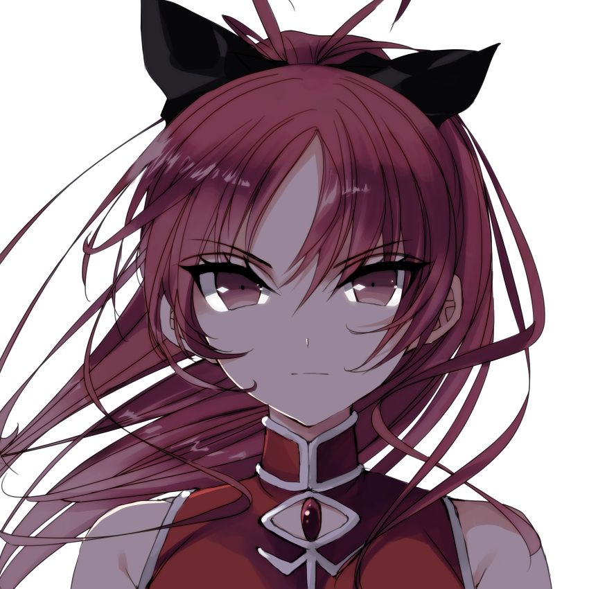 1girl absurdres bangs bare_shoulders black_bow bow closed_mouth commentary_request drill_hair ears_visible_through_hair eyebrows_visible_through_hair gem hair_between_eyes hair_bow highres long_hair looking_at_viewer magical_girl mahou_shoujo_madoka_magica misteor multicolored_shirt red_eyes redhead sakura_kyouko solo soul_gem v-shaped_eyebrows white_background
