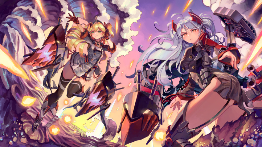 admiral_hipper_(azur_lane) ahoge azur_lane bangs black_legwear blonde_hair blush boots breasts bubble cannons charging_(attack) choker energy_ball explosion eyebrows_visible_through_hair floating_hair garter_straps gloves green_eyes hair_between_eyes hand_on_head hat headgear highres iron_cross jacket knee_boots large_breasts leg_lift long_hair looking_afar looking_at_viewer looking_back machinery military military_uniform mole multicolored multicolored_clothes multicolored_footwear multicolored_gloves multicolored_hair multiple_girls outstretched_arm outstretched_hand parted_lips prinz_eugen_(azur_lane) redhead rigging rudder_shoes shiimo sidelocks silver_hair standing standing_on_liquid streaked_hair thigh-highs thighs turrets two_side_up uniform very_long_hair water waves wind wind_lift