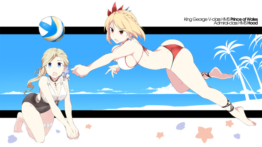 2girls :o ass azur_lane back bare_legs barefoot beach_volleyball bikini black_choker blonde_hair blue_sky bouncing_breasts braid breasts casual_one-piece_swimsuit character_name choker cleavage collarbone covered_navel crown_braid day earrings flower full_body hair_flower hair_ornament highres hood_(azur_lane) jewelry kneeling large_breasts leaning_forward long_hair low_ponytail midair mismatched_bikini multiple_girls one-piece_swimsuit open_mouth outside_border outstretched_arm own_hands_together palm_tree pendant prince_of_wales_(azur_lane) red_bikini_bottom red_eyes red_ribbon ribbon short_hair sideboob skin_tight sky souji swimsuit tareme thigh_strap tree v-shaped_eyebrows v_arms white_bikini_top