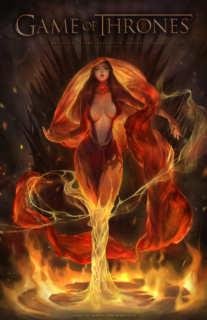 1girl 2017 absurdres breasts brown_eyes commentary copyright_name dress english fire full_body game_of_thrones gem green_eyes highres kim_eul_bong large_breasts long_hair looking_at_viewer md5_mismatch melisandre navel number outstretched_arm parted_lips realistic red_dress solo sparkle standing throne watermark