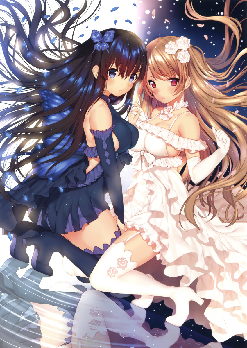 2girls absurdres bangs black_hair blue_dress blue_eyes blue_legwear boots breasts brown_hair butterfly_hair_ornament cleavage detached_sleeves dress dutch_angle elbow_gloves eyebrows_visible_through_hair flower from_side garter_straps gloves hair_between_eyes hair_flower hair_ornament hand_holding high_heel_boots high_heels highres impossible_clothes impossible_dress interlocked_fingers kneeling large_breasts long_hair looking_at_viewer matarou_(genkai_toppa) multiple_girls original parted_lips petals pink_eyes reflection ripples scan short_dress swept_bangs thigh-highs thigh_boots white_dress white_gloves white_legwear