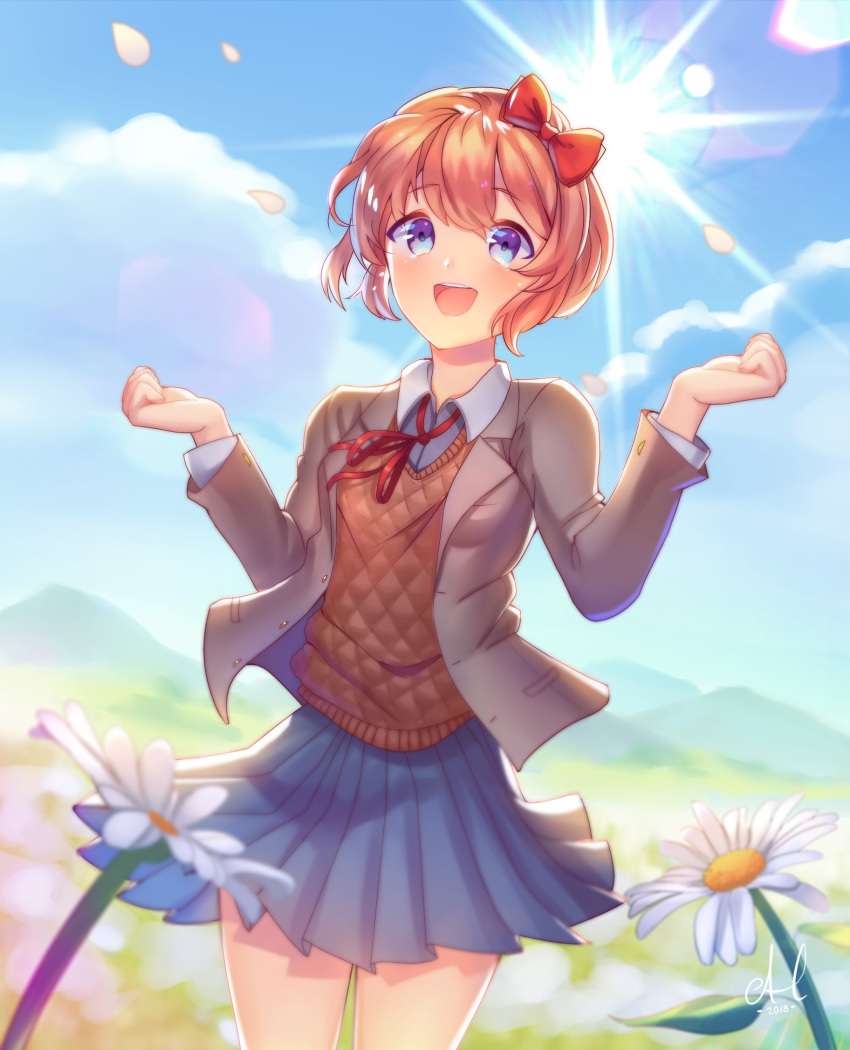 1girl :d asterleaf14 bangs blazer blue_eyes blue_skirt blurry blurry_background blurry_foreground blush bow breasts brown_hair clouds collared_shirt commentary cowboy_shot daisy day doki_doki_literature_club eyebrows_visible_through_hair flower grey_jacket hair_bow hands_up highres jacket lens_flare long_sleeves looking_at_viewer open_mouth outdoors petals pleated_skirt red_bow ribbon round_teeth sayori_(doki_doki_literature_club) school_uniform shirt short_hair skirt sky smile solo standing sun sunlight teeth white_shirt