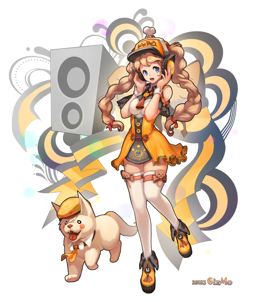 1girl 2015 absurdres animal_print ascot bare_shoulders beret blue_eyes blush_stickers braid breasts brown_hair collared_shirt dated detached_collar dog dog_print full_body hat head_tilt headphones high-waist_skirt highres kim_eul_bong long_hair looking_at_viewer medium_breasts number o_o open_mouth orange_hat original ribbon shirt skirt speaker standing striped striped_ribbon thigh-highs twin_braids twintails very_long_hair white_background white_legwear wing_collar wrist_cuffs