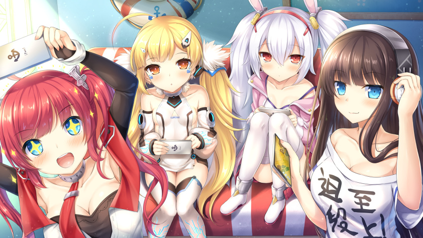 +_+ 4girls :d :o ahoge anchor_symbol animal_ears arms_up azur_lane bangs bare_shoulders blonde_hair blue_eyes blush boots breasts bridal_gauntlets brown_hair camisole cellphone cleavage closed_mouth collarbone commentary_request couch detached_sleeves dress eldridge_(azur_lane) eyebrows_visible_through_hair facial_mark fur_trim hair_between_eyes hair_ornament hairband hand_on_headphones headphones highres holding holding_cellphone holding_phone indoors jacket laffey_(azur_lane) large_breasts lifebuoy long_hair long_island_(azur_lane) long_sleeves medium_breasts multiple_girls necktie off_shoulder open_mouth parted_lips phone puffy_long_sleeves puffy_sleeves rabbit_ears red_eyes red_hairband red_neckwear redhead san_diego_(azur_lane) shirt short_sleeves silver_hair sitting small_breasts smartphone smile sparkle taiki_ken thigh-highs twintails upper_teeth very_long_hair white_camisole white_dress white_footwear white_jacket white_legwear white_shirt
