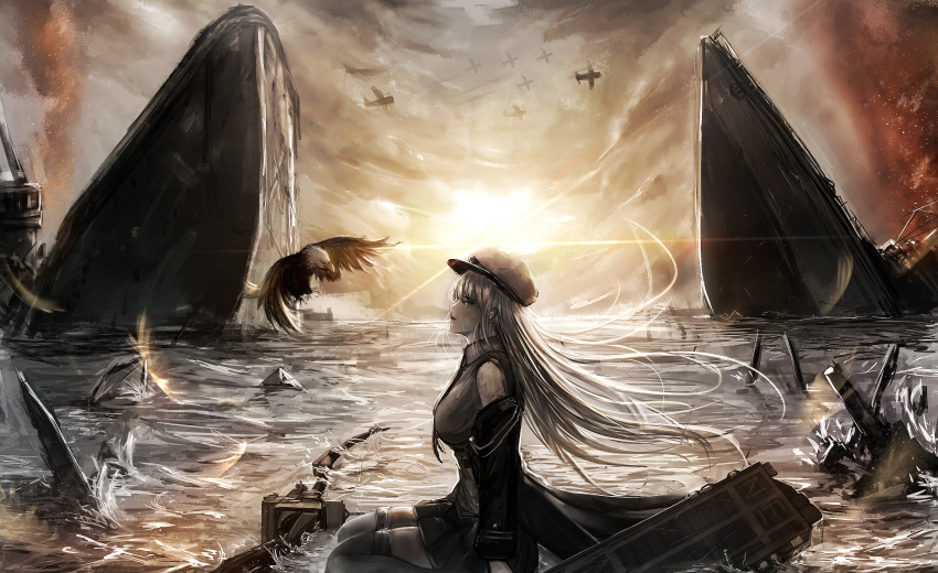 1girl aircraft airplane azur_lane bangs bare_shoulders bird black_coat bow_(weapon) breasts calligraphy_brush calligraphy_brush_(medium) closed_eyes clouds cloudy_sky coat crying eagle enterprise_(azur_lane) evening eyebrows_visible_through_hair floating_hair hair_between_eyes hat highres hiragisuke_(doraemonha) large_breasts long_hair machinery miniskirt necktie ocean off_shoulder outdoors paintbrush parted_lips peaked_cap pleated_skirt rigging sad shirt silver_hair sinking sitting sitting_on_water skirt sky sleeve_cuffs sleeveless sleeveless_shirt smoke solo tears thigh-highs very_long_hair wariza water waves weapon wind wreckage