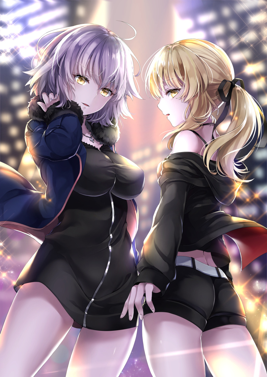 2girls absurdres artoria_pendragon_(all) ass belt black_dress black_jacket black_ribbon black_shorts blonde_hair blue_jacket breasts cowboy_shot dress erect_nipples fate/grand_order fate_(series) from_below fur_trim hair_ribbon hand_in_hair hane_yuki highres jacket jeanne_d'arc_(alter)_(fate) jeanne_d'arc_(fate)_(all) jewelry large_breasts long_hair looking_at_viewer looking_back multiple_girls necklace off_shoulder open_clothes open_jacket open_mouth ponytail ribbon saber_alter short_dress short_shorts shorts silver_hair standing yellow_eyes