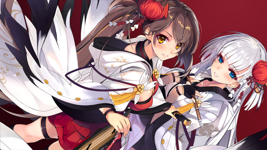 2girls azur_lane bangs blue_eyes breasts brown_hair cleavage commentary_request dutch_angle eyebrows_visible_through_hair eyelashes eyeliner flight_deck floral_print flower flute gloves hair_flower hair_ornament holding holding_instrument instrument japanese_clothes kimono large_breasts long_hair looking_at_viewer looking_back makeup miniskirt mole mole_under_eye multiple_girls one_side_up parted_lips partly_fingerless_gloves pleated_skirt print_kimono red_background red_skirt shirokitsune shoukaku_(azur_lane) siblings side_ponytail silver_hair sisters skirt smile thigh_strap tsumami_kanzashi very_long_hair white_kimono yellow_eyes zuikaku_(azur_lane)