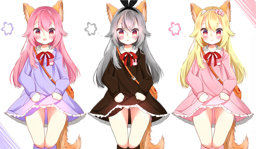 3girls animal_ears bag black_dress black_legwear blonde_hair blue_dress blush dog_ears dog_tail dress dress_lift elin_(tera) grey_hair hairband highres kindergarten_uniform kneehighs lifted_by_self long_hair multiple_girls open_mouth panties panty_peek pink_dress pink_eyes pink_hair pink_legwear red_eyes ribbon smile tail tera_online thigh_gap underwear white_legwear