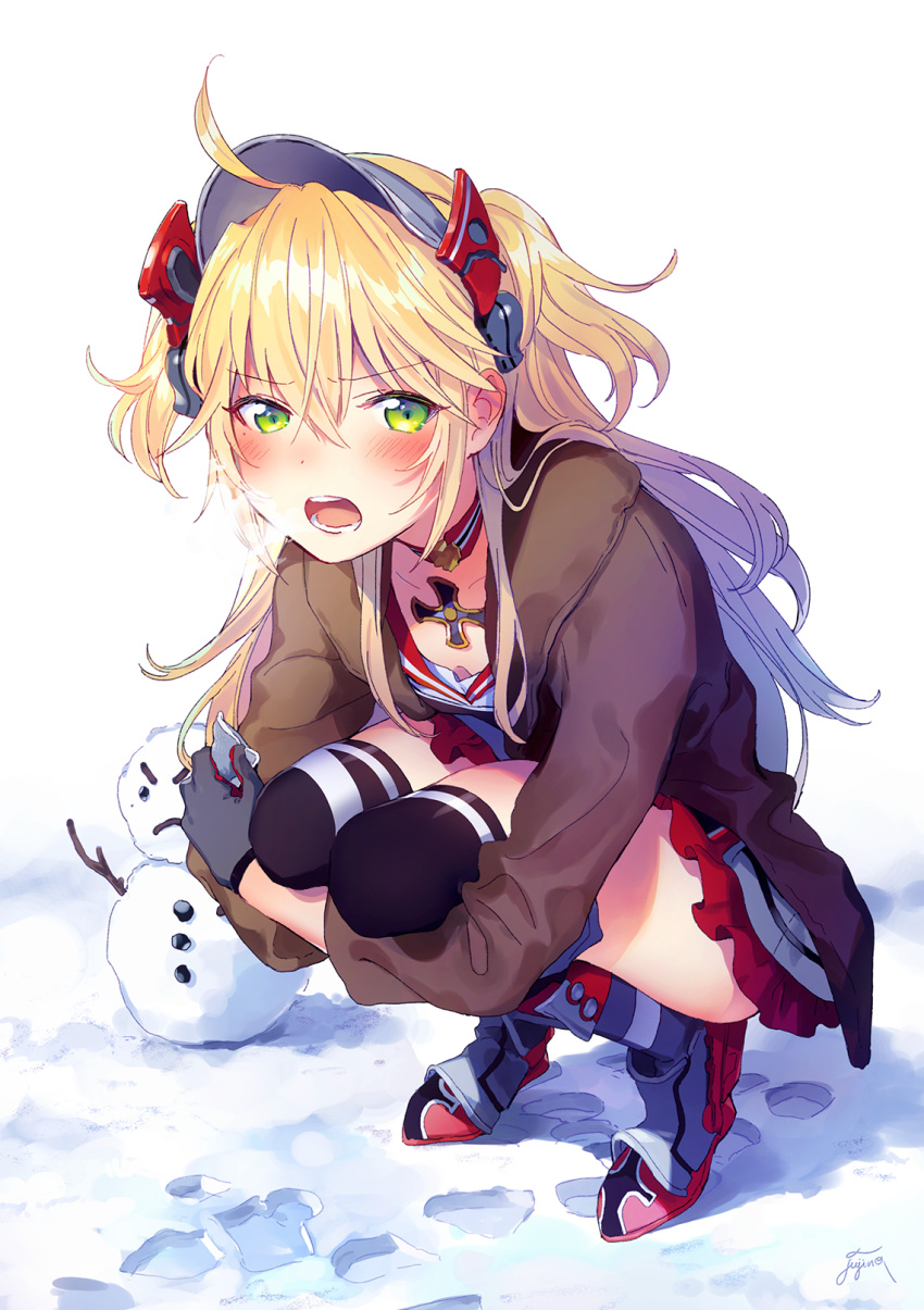 1girl admiral_hipper_(azur_lane) ahoge azur_lane bangs blonde_hair blush boots breasts breathing brown_coat choker coat collarbone eyebrows_visible_through_hair fuji_fujino gloves green_eyes hair_between_eyes hat headgear high_heel_boots high_heels highres holding iron_cross knee_boots long_hair looking_at_viewer military military_uniform multicolored multicolored_clothes open_mouth outdoors sidelocks signature simple_background small_breasts snow snowman solo squatting thighs tsurime two_side_up uniform white_background