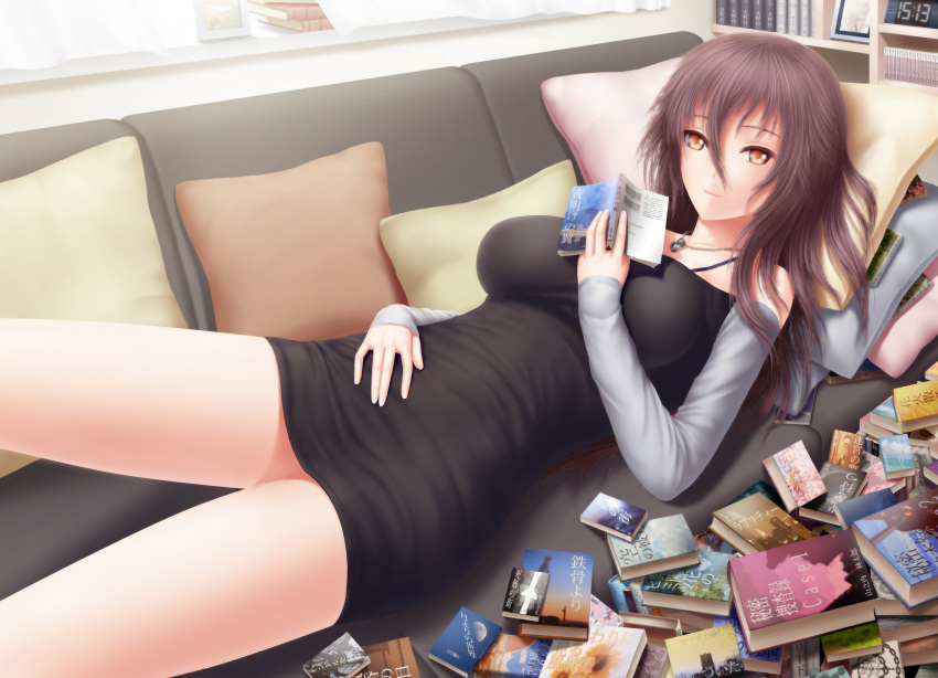 1girl absurdres black_dress book book_stack breasts brown_eyes brown_hair clock closed_mouth couch curtains cushion day detached_sleeves digital_clock dress eyebrows_visible_through_hair hair_between_eyes highres holding holding_book indoors large_breasts light_smile long_hair long_sleeves looking_at_viewer lying masatoki number on_back open_book original sleeves_past_wrists solo very_long_hair window windowsill