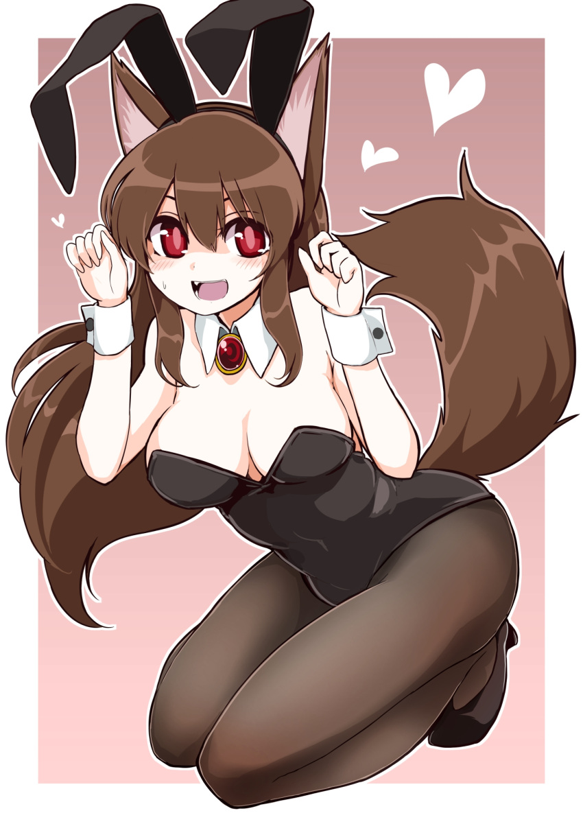 1girl alternate_costume animal_ears azumaya_toushirou bare_shoulders black_footwear black_hairband black_leotard breasts brooch brown_background brown_legwear bunnysuit cleavage detached_collar fake_animal_ears fang hairband hands_up heart highres imaizumi_kagerou jewelry kneeling leotard looking_at_viewer medium_breasts open_mouth pantyhose rabbit_ears shoes smile solo tail touhou wolf_ears wolf_tail wrist_cuffs