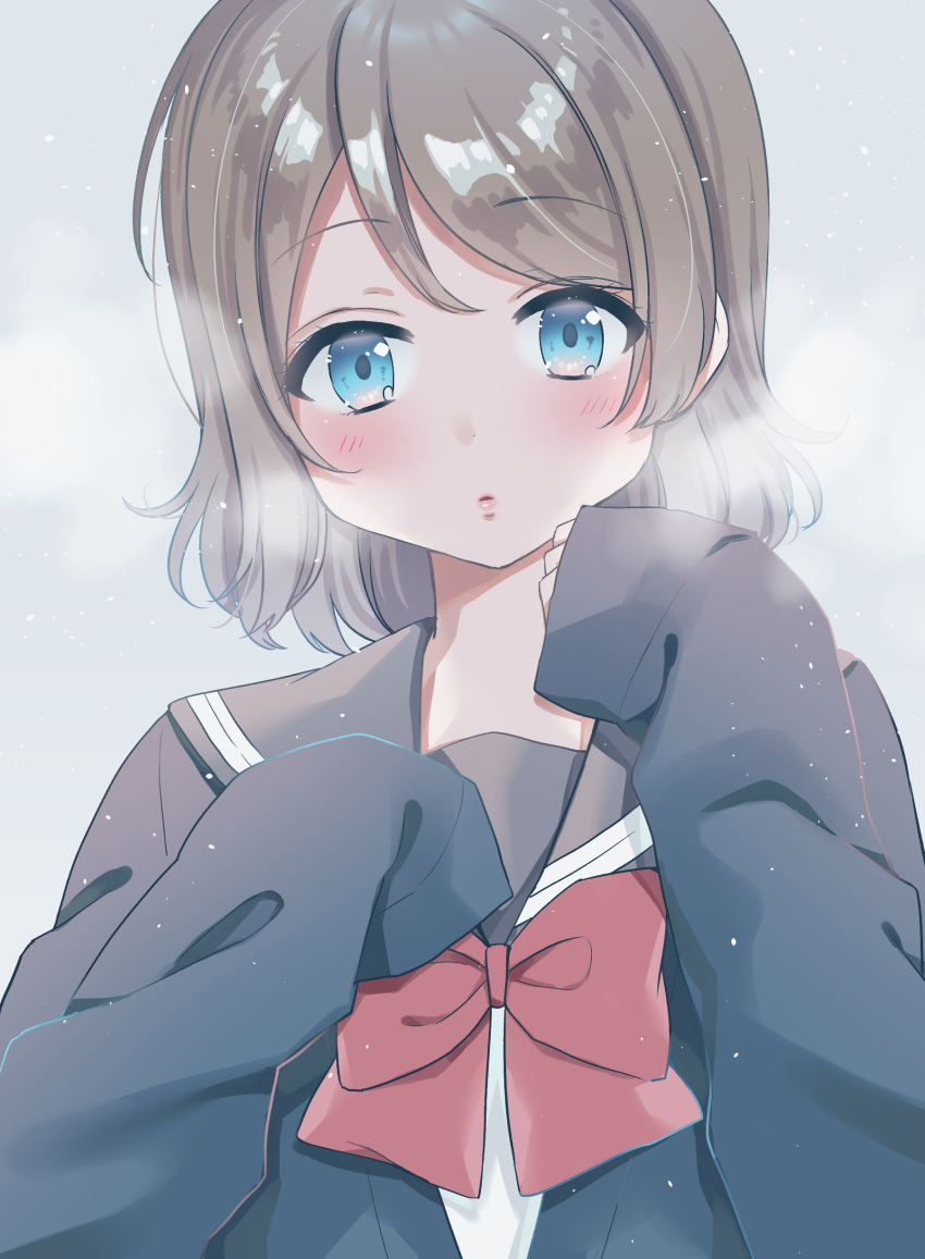 1girl :o absurdres blue_eyes blush bow bowtie breath commentary_request grey_background grey_hair highres hina_(hinalovesugita) long_sleeves love_live! love_live!_sunshine!! oversized_clothes parted_lips red_neckwear school_uniform serafuku short_hair sleeves_past_wrists snowing solo upper_body watanabe_you