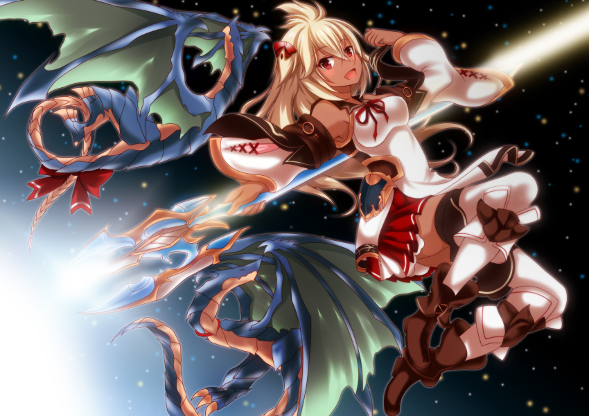 1girl :d ayasato_karen bangs blonde_hair blush boots bow brown_footwear dark_skin detached_sleeves dragon eyebrows_visible_through_hair full_body granblue_fantasy hair_bow highres long_hair looking_at_viewer miniskirt open_mouth petticoat pleated_skirt red_bow red_eyes skirt smile staff the_order_grande thigh-highs very_long_hair white_legwear wide_sleeves wings