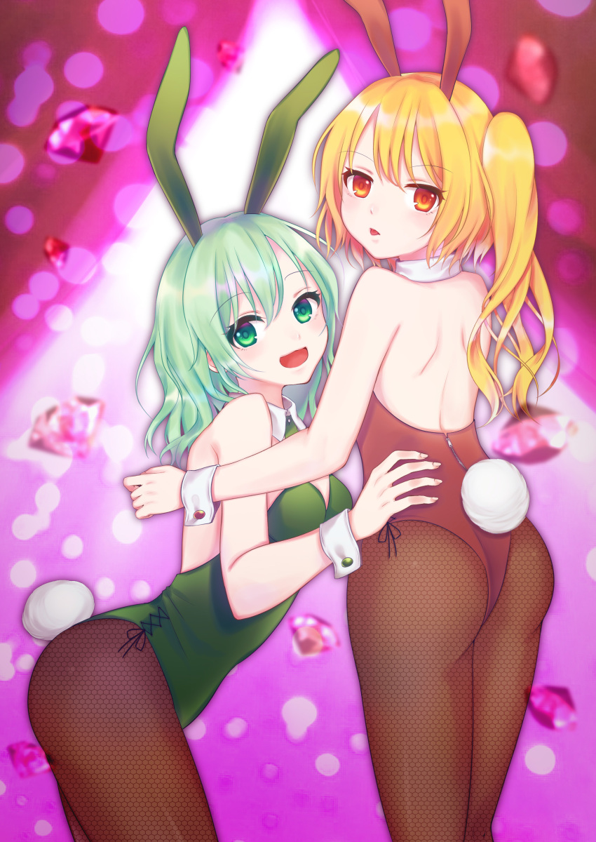 2girls absurdres animal_ears ass back bangs bare_arms bare_shoulders blonde_hair breasts brown_legwear bunnysuit detached_collar diamond eyebrows_visible_through_hair flandre_scarlet gem green_eyes green_hair highres komeiji_koishi leaning_forward looking_at_viewer multiple_girls open_mouth pantyhose pink_background rabbit_ears red_eyes rnkgmn side_ponytail small_breasts smile standing touhou wrist_cuffs