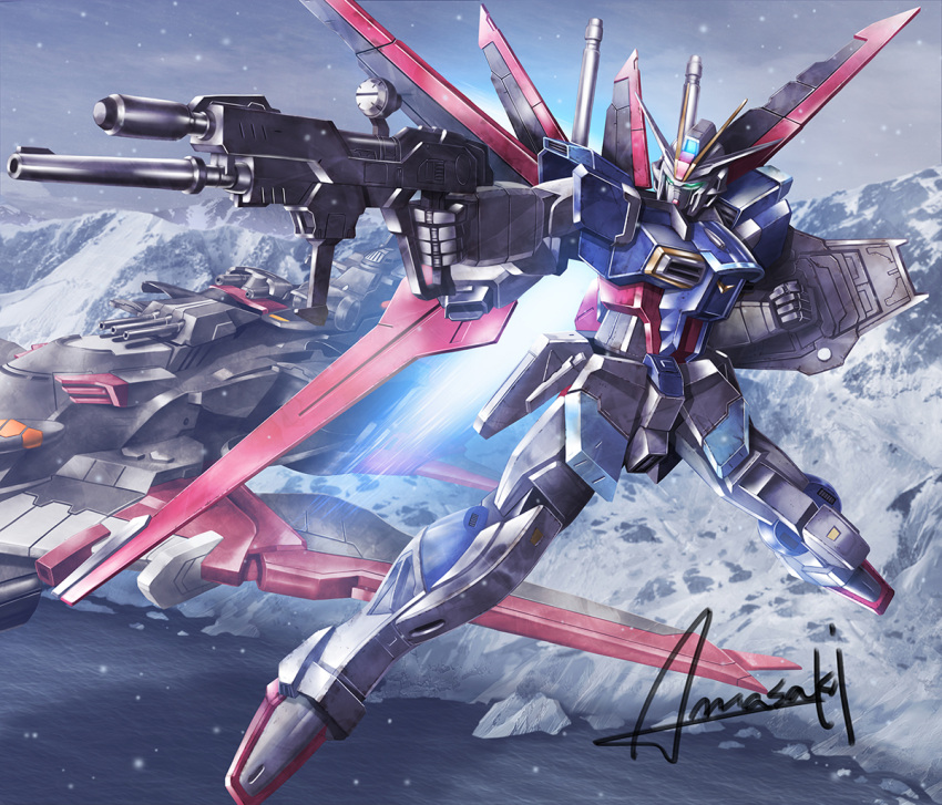 beam_rifle cannon energy_gun flying glowing glowing_eyes gundam gundam_seed gundam_seed_destiny impulse_gundam mecha minerva_(gundam) mountain no_humans ocean shield sky snow snowing solo space_craft wa-kun water weapon