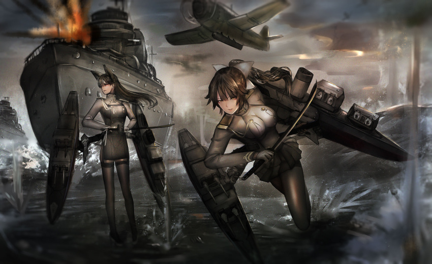 2girls action aiguillette aircraft airplane animal_ears atago_(azur_lane) azur_lane bangs black_hair black_legwear black_skirt bow breasts brown_eyes calligraphy_brush calligraphy_brush_(medium) cannons closed_mouth clouds cloudy_sky double-breasted epaulettes explosion expressionless eyebrows_visible_through_hair floating_hair gloves hair_between_eyes hair_bow hair_ornament hair_ribbon heavy_cruiser highres hiragisuke_(doraemonha) holding holding_sword holding_weapon jacket large_breasts long_hair long_sleeves looking_away looking_to_the_side military military_uniform mole mole_under_eye multiple_girls paintbrush pantyhose pencil_skirt pleated_skirt ponytail ribbon rigging running serious sidelocks skirt sky solo splashing standing standing_on_liquid sword takao_(azur_lane) thigh-highs thighband_pantyhose turrets uniform very_long_hair water waves weapon white_bow