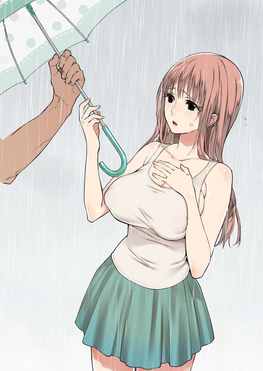 1boy 1girl black_eyes breasts cleavage commentary_request erect_nipples flying_sweatdrops hige_(hige2) highres large_breasts long_hair open_mouth original pink_hair puffy_nipples rain see-through skirt umbrella wet wet_clothes