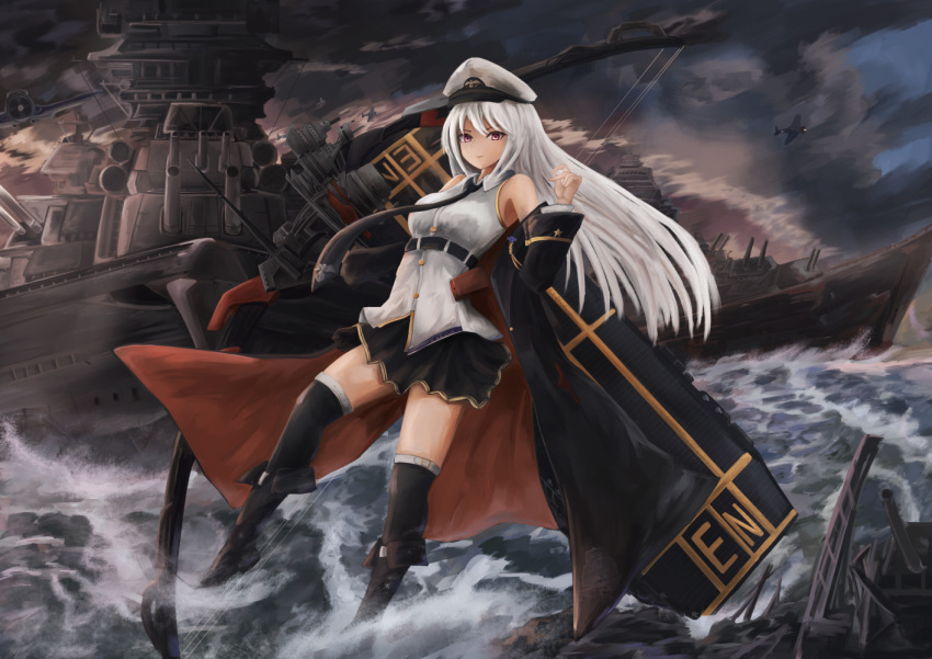 1girl aiguillette aircraft airplane azur_lane bangs bare_shoulders battleship belt bird black_footwear black_legwear black_neckwear black_skirt boots bow_(weapon) breasts buckle buttons cannons enterprise_(azur_lane) eyebrows_visible_through_hair hair_between_eyes hat holding holding_bow_(weapon) holding_weapon large_breasts long_hair looking_at_viewer machinery military military_vehicle miniskirt necktie off_shoulder peaked_cap pleated_skirt rigging ryara_vivi ship shirt silver_hair skirt sleeveless sleeveless_shirt smile solo standing standing_on_liquid thigh-highs thighs turrets very_long_hair violet_eyes warship water watercraft waves weapon white_shirt
