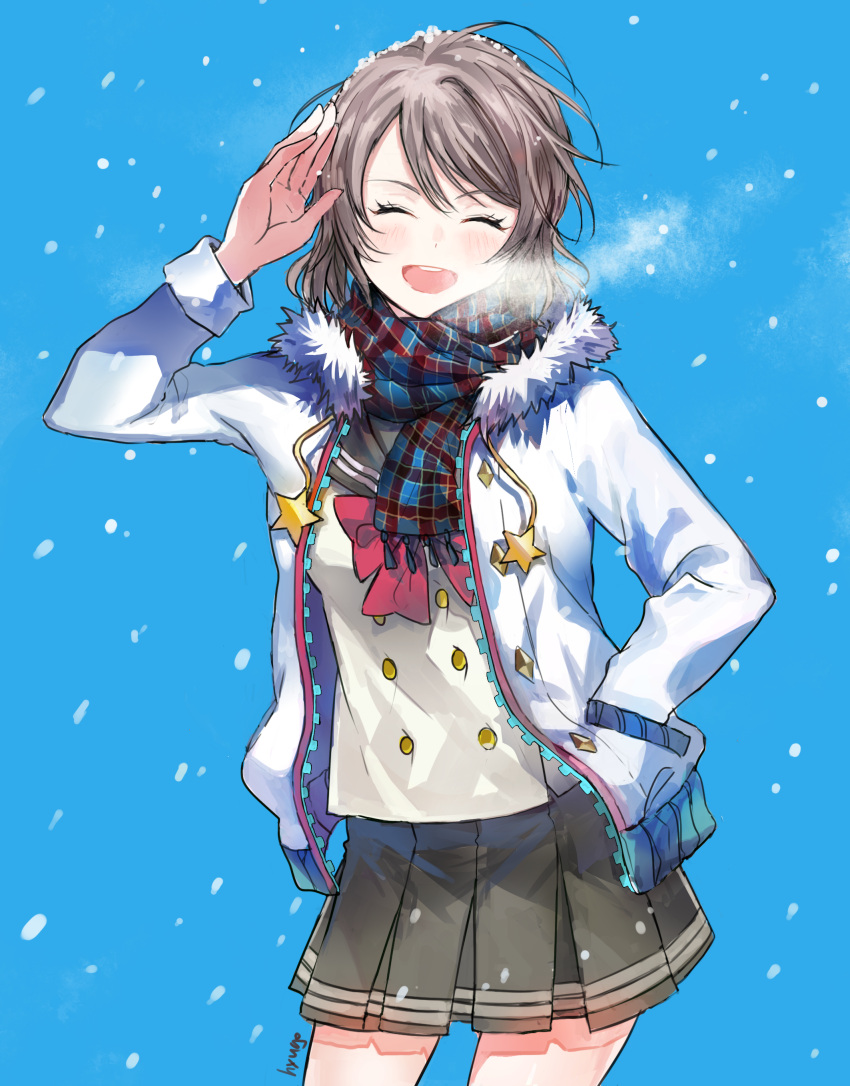 1girl :o ^_^ absurdres artist_name blue_background bow bowtie breath closed_eyes cowboy_shot double-breasted drawstring fur-trimmed_jacket fur_trim grey_hair hand_in_pocket highres hyugo jacket long_sleeves love_live! love_live!_sunshine!! open_mouth plaid plaid_scarf pleated_skirt red_neckwear salute scarf school_uniform serafuku short_hair skirt smile snow_on_head snowflakes snowing solo star uranohoshi_school_uniform watanabe_you