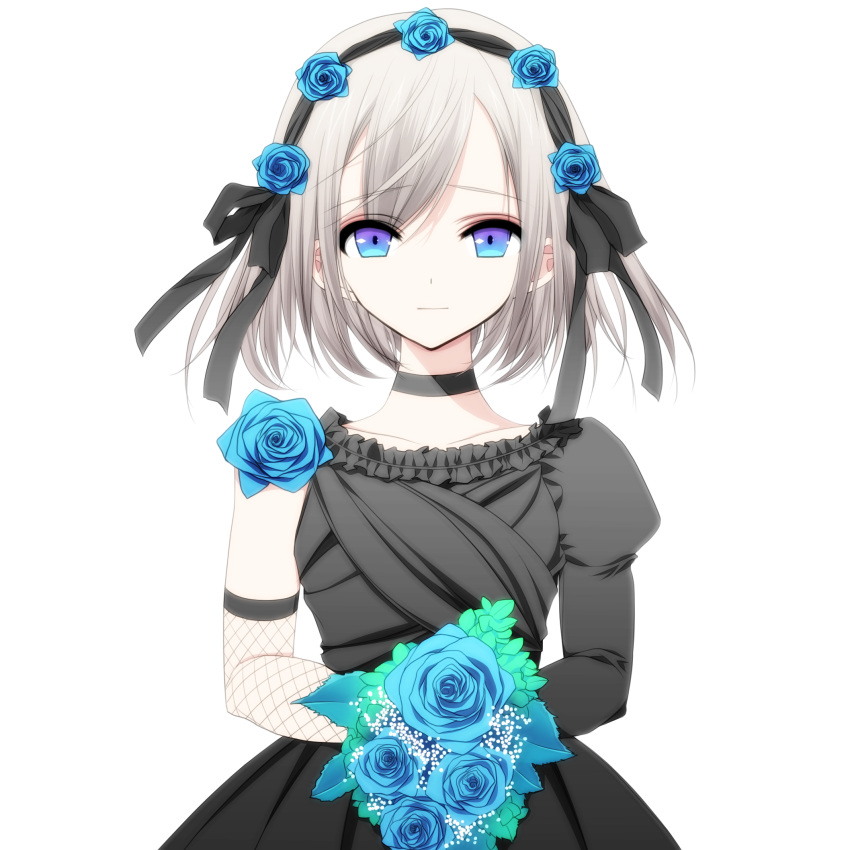 1girl bangs black_choker black_dress black_ribbon choker dress eyebrows_visible_through_hair fishnets flower grey_hair hair_between_eyes highres holding holding_flower looking_at_viewer misteor multicolored multicolored_eyes original ribbon solo twintails white_background
