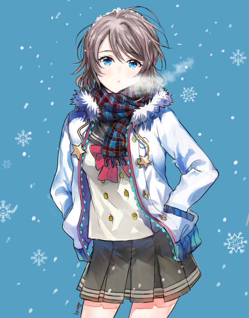 1girl :o absurdres artist_name blue_background blue_eyes bow bowtie breath cowboy_shot double-breasted drawstring fur-trimmed_jacket fur_trim grey_hair hands_in_pockets highres hyugo jacket long_sleeves looking_at_viewer love_live! love_live!_sunshine!! plaid plaid_scarf pleated_skirt red_neckwear scarf school_uniform serafuku short_hair skirt snow_on_head snowflakes snowing solo star uranohoshi_school_uniform watanabe_you