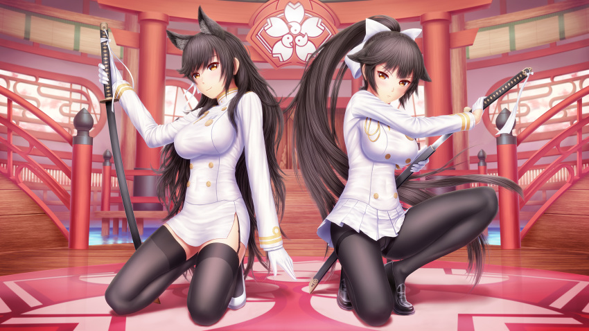 2girls animal_ears architecture atago_(azur_lane) azur_lane black_footwear black_legwear blush bow breasts brown_eyes brown_hair closed_mouth east_asian_architecture eyebrows_visible_through_hair full_body garter_straps gloves hair_bow head_tilt high_ponytail highres holding holding_sword holding_weapon indoors katana kneeling large_breasts loafers long_hair long_sleeves looking_at_viewer masatoki microskirt mole mole_under_eye multiple_girls one_knee panties panties_under_pantyhose pantyhose pencil_skirt pleated_skirt sheath sheathed shirt shoes skirt smile sword takao_(azur_lane) thighband_pantyhose underwear unsheathing v-shaped_eyebrows very_long_hair weapon white_bow white_footwear white_gloves white_shirt white_skirt