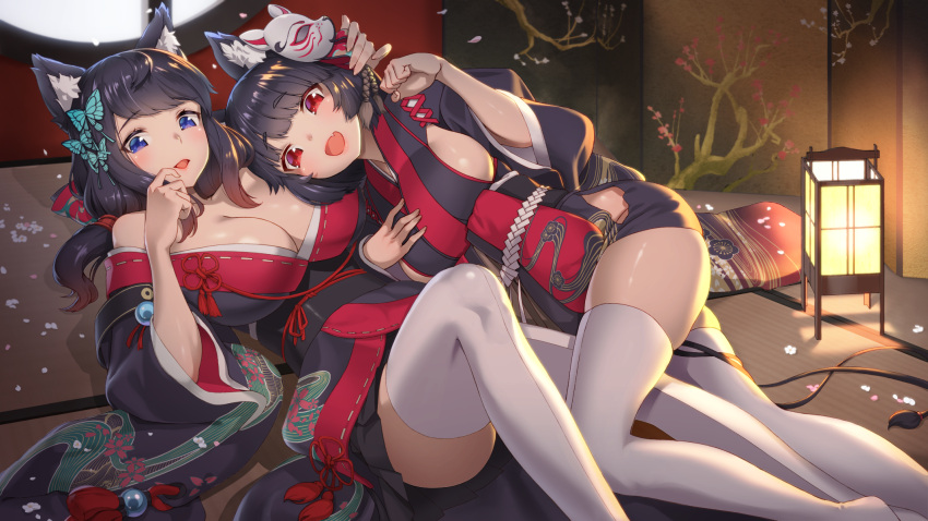 2girls animal_ears azur_lane bangs bare_shoulders black_hair black_kimono black_sash blue_eyes blush breasts butterfly_hair_ornament cat_ears cleavage commentary_request eyebrows_visible_through_hair fang finger_to_mouth fusou_(azur_lane) hair_ornament hand_on_another's_head hand_on_own_chest highres indoors japanese_clothes kimono lamp long_hair looking_at_viewer lying mask mask_on_head multiple_girls obi off_shoulder on_back on_floor on_side open_mouth paw_pose petals red_eyes ribbon_trim saruchitan sash short_hair sideboob thigh-highs white_legwear wide_sleeves yamashiro_(azur_lane)