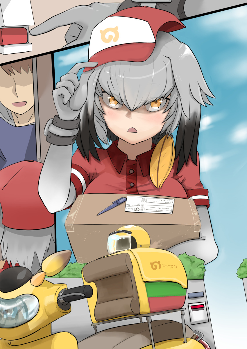 1boy 1girl alternate_costume bangs black_hair bodysuit box cap commentary_request day eyes_visible_through_hair faceless faceless_male grey_bodysuit grey_hair ground_vehicle helmet highres japari_symbol john_(a2556349) kemono_friends looking_at_viewer medium_hair motor_vehicle motorcycle motorcycle_helmet open_mouth outdoors pen red_shirt shirt shoebill_(kemono_friends) wristband yellow_eyes