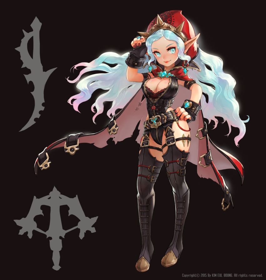 1girl 2015 artist_name black_background black_footwear black_legwear blue_eyes blue_hair boots bow_(weapon) breasts cape closed_mouth crossbow dagger english groin hand_on_hip head_tilt highres kim_eul_bong knee_boots large_breasts lipstick long_hair long_pointy_ears looking_at_viewer makeup multicolored_hair nail_polish original pink_hair pointy_ears red_lipstick red_nails silhouette smile solo spikes standing thigh-highs very_long_hair watermark wavy_hair weapon